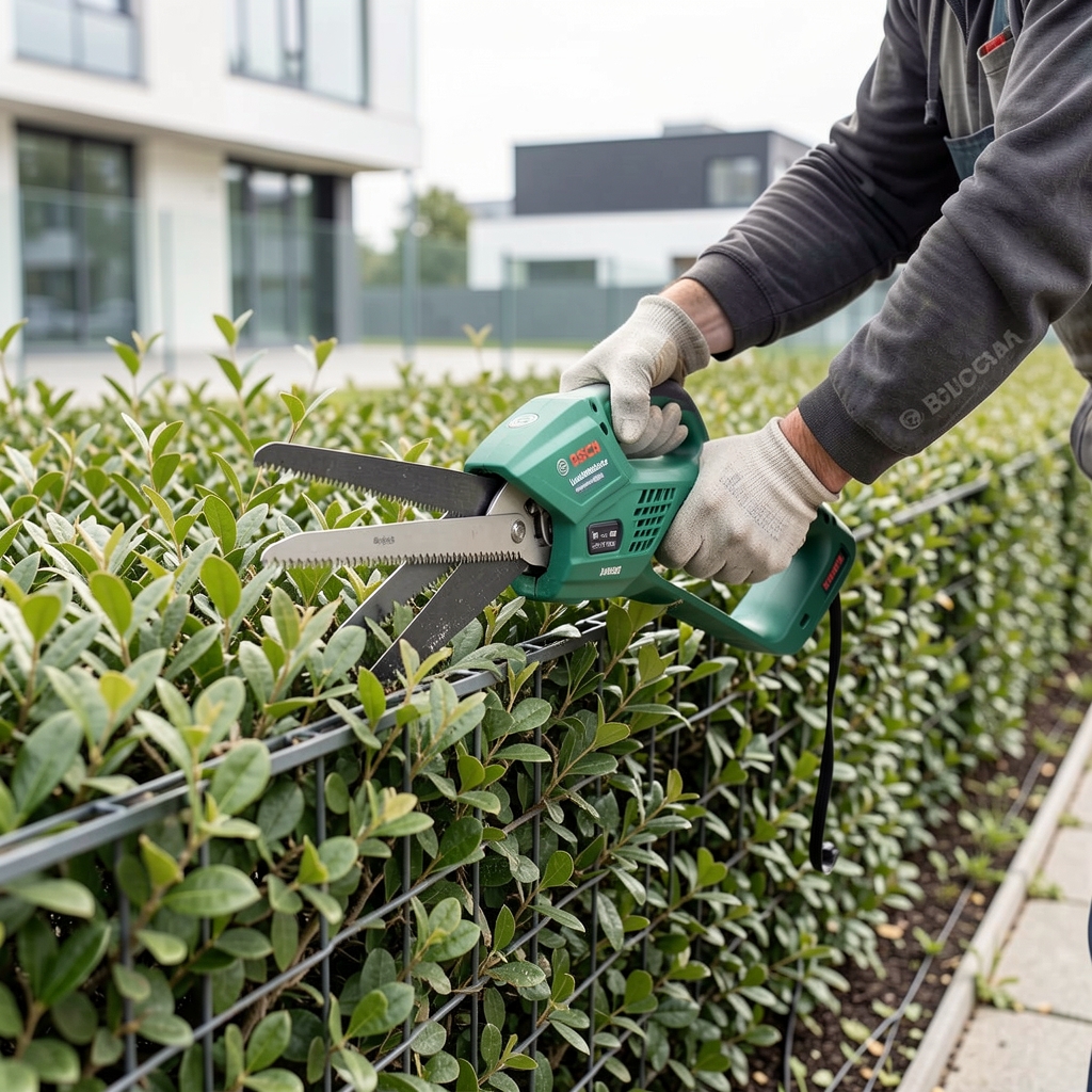 Bosch UniversalHedgeCut 36 zelene bežične makaze za živu ogradu sa dvostranim sečivom u radu na gustom žbunju