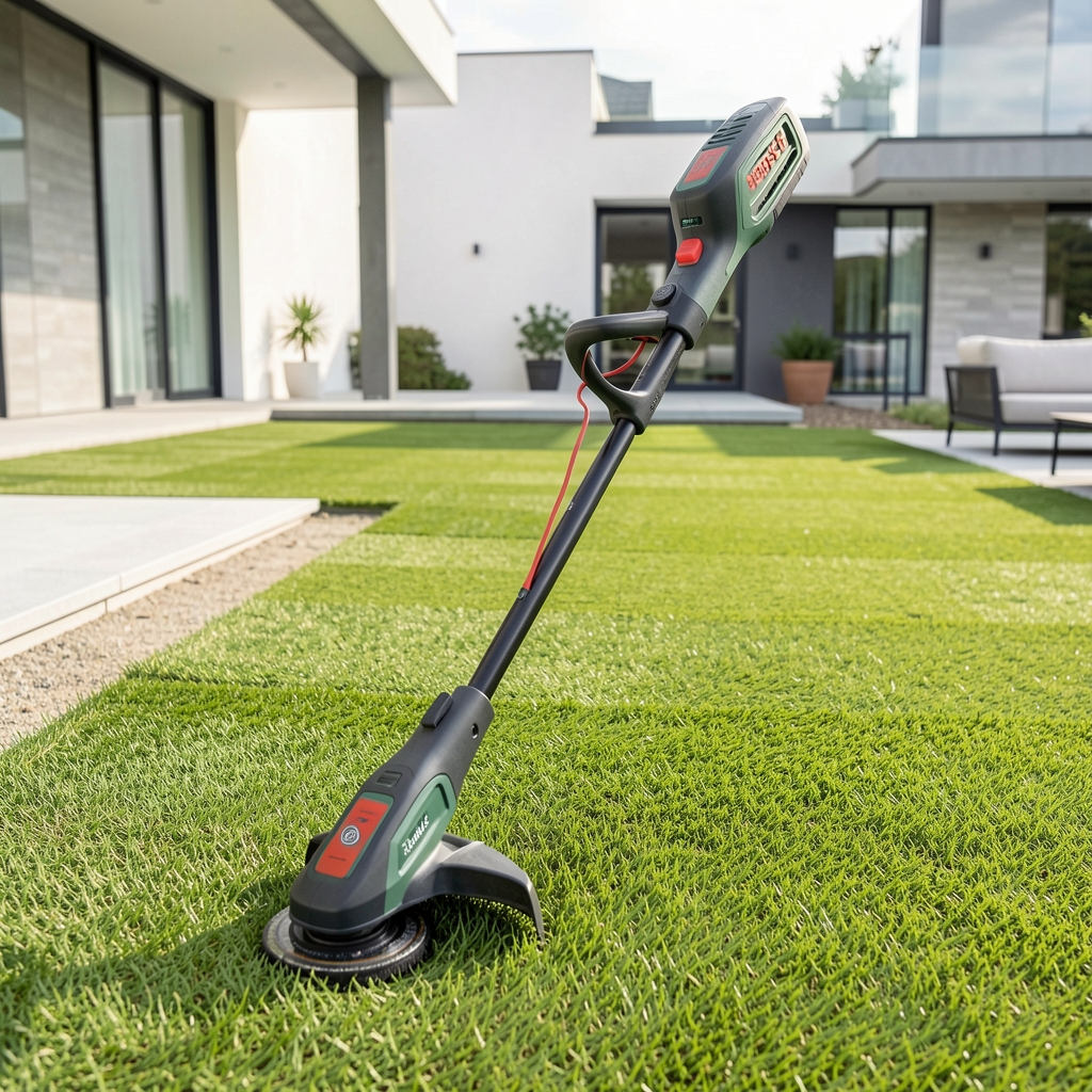 Bosch AdvancedTrimmer 36 zeleno-crni akumulatorski trimer za travu sa 36V baterijom pored uredno podrezanog travnjaka