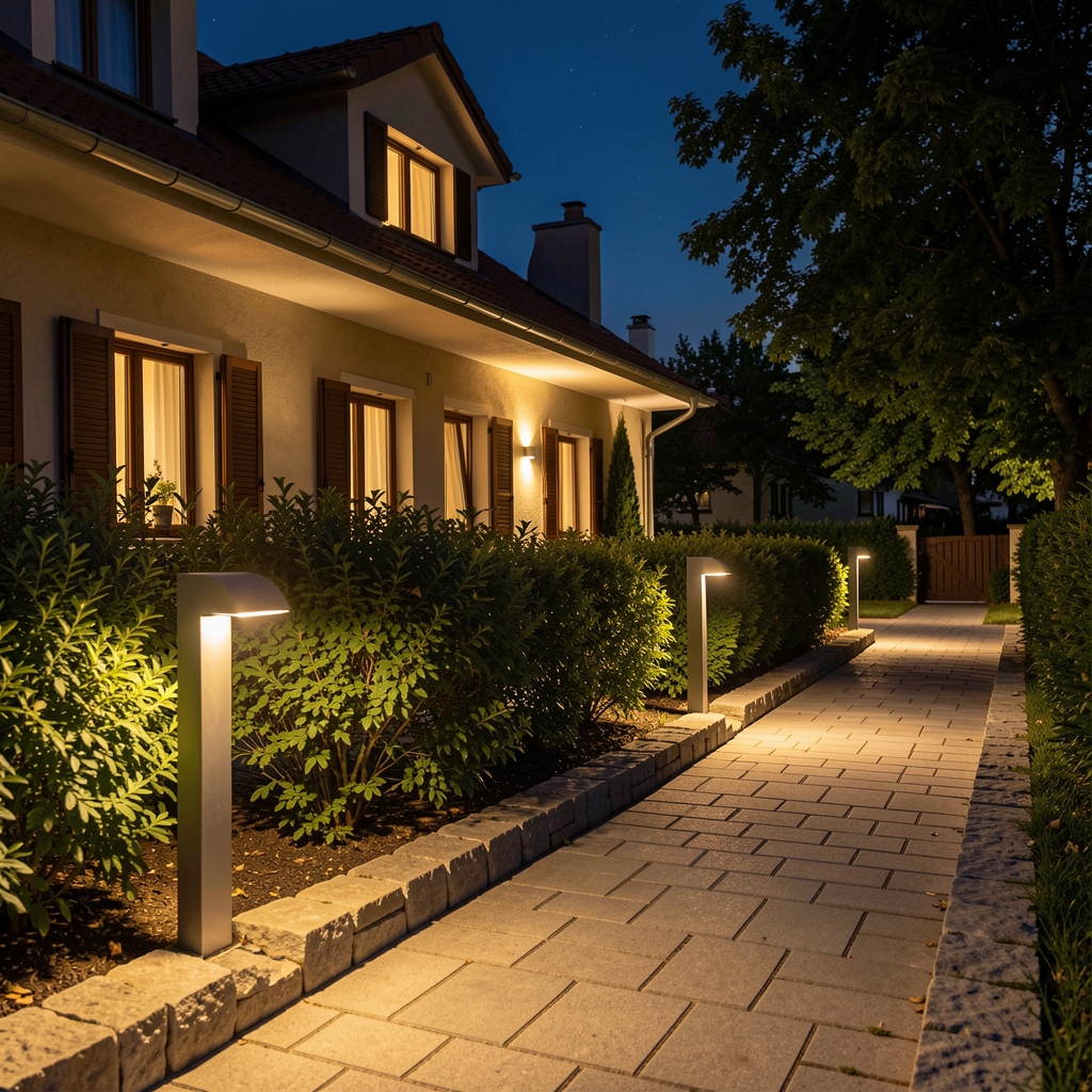 Uređeno dvorište kuće u Beogradu noću, LED solarne lampe duž pešačke staze sa kamenim ivičnjacima, toplo žuto osvetljenje između niskog žbunja