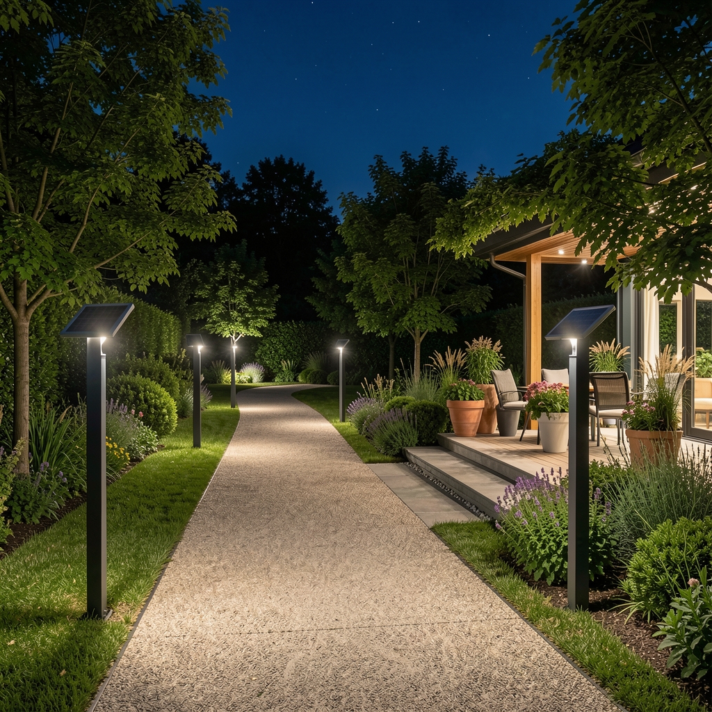 Moderna bašta noću sa LED solarnim lampama duž šetnih staza i dekorativnom rasetom na terasi