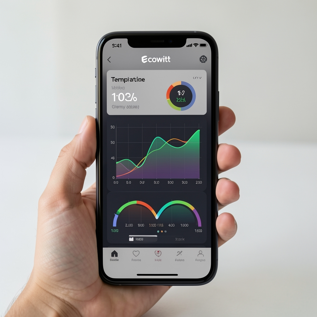 Ecowitt mobilna aplikacija na pametnom telefonu prikazujući grafikone temperature i vlažnosti