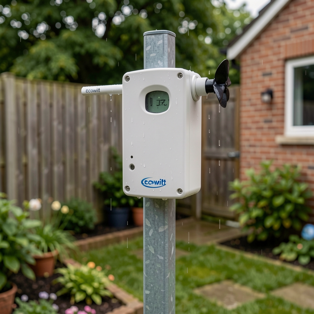 Ecowitt WS90 spoljašnji senzor sa anemometrom i merač kiše montiran na metalnom stubu u dvorištu
