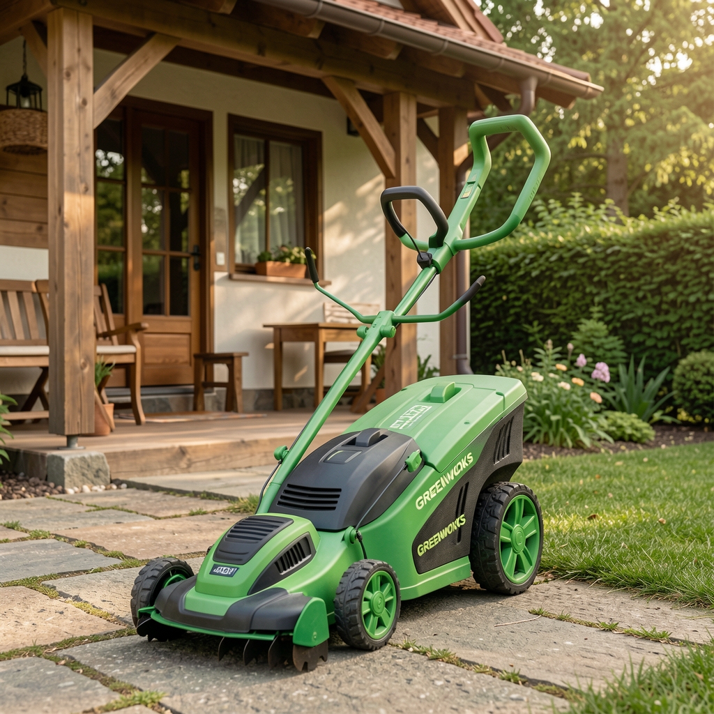 Greenworks G40DT30 akumulatorski trimer za travu 40V sa zelenom ručkom i plastičnom zaštitom u dvorištu kuće