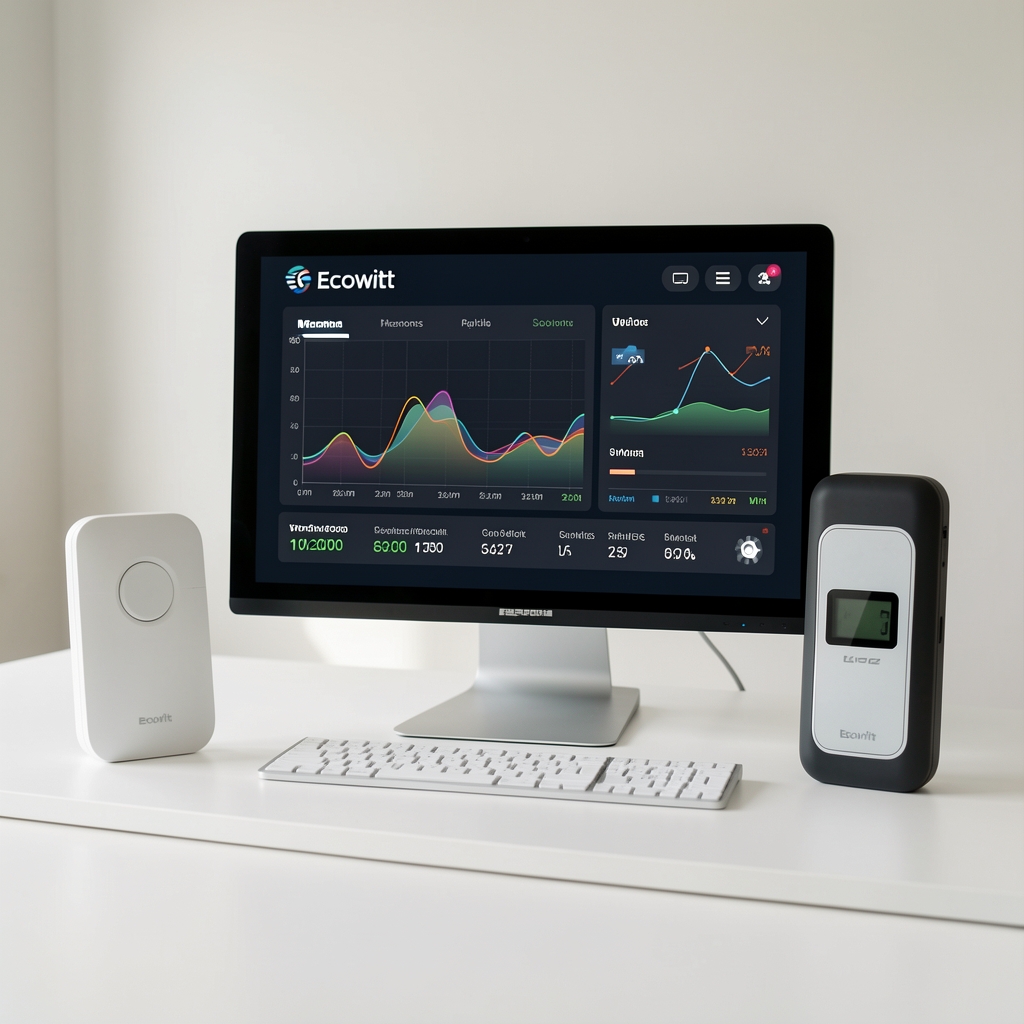 Ecowitt GW2000 WiFi gateway za meteorološke senzore na belom stolu sa ekranom koji prikazuje vremensku prognozu