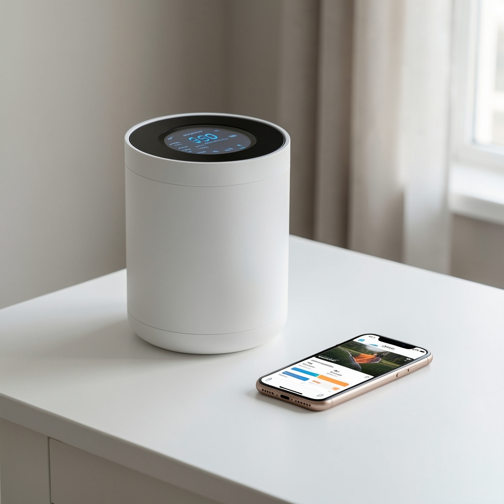 Netatmo Weather Station bela elegantna kućna meteorološka stanica cilindrično dizajnirana na belom stolu sa prikazom na iPhoneu