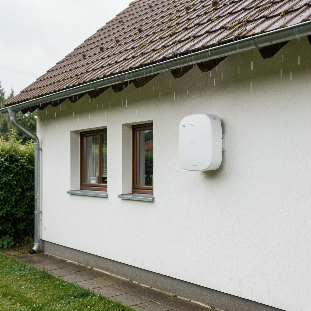 Netatmo spoljašnji modul montiran na zid kuće bele boje u dvorištu sa krovom iznad za zaštitu od kiše