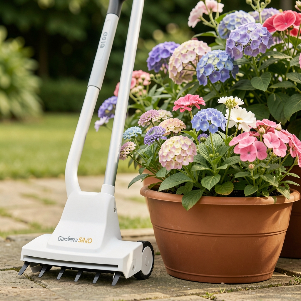 Gardena SILENO city 250 robotska kosačica bele boje, minimalističkog modernog dizajna, prikazana izbliza pored žardinjere s cvijećem