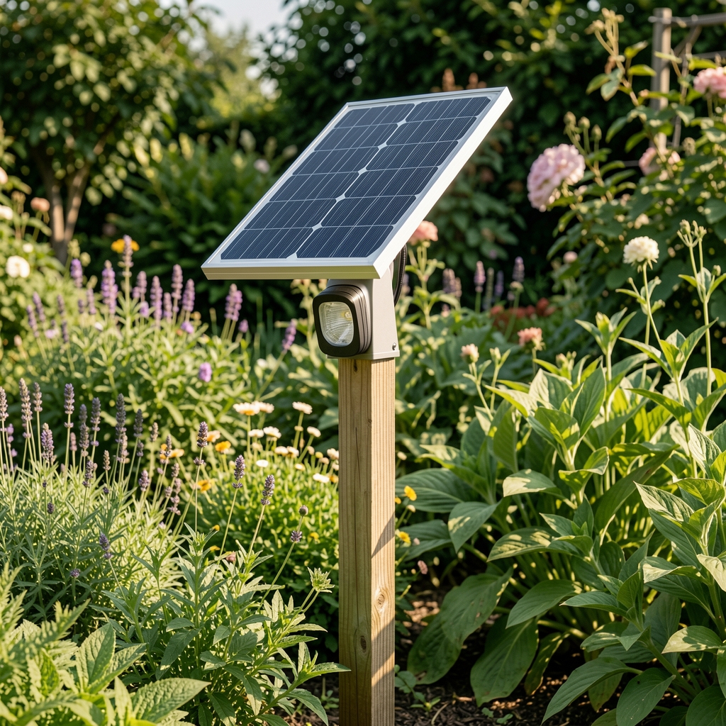 Kanlux solarna baštenska svetla za staze crne boje sa solarnim panelom na vrhu u travi