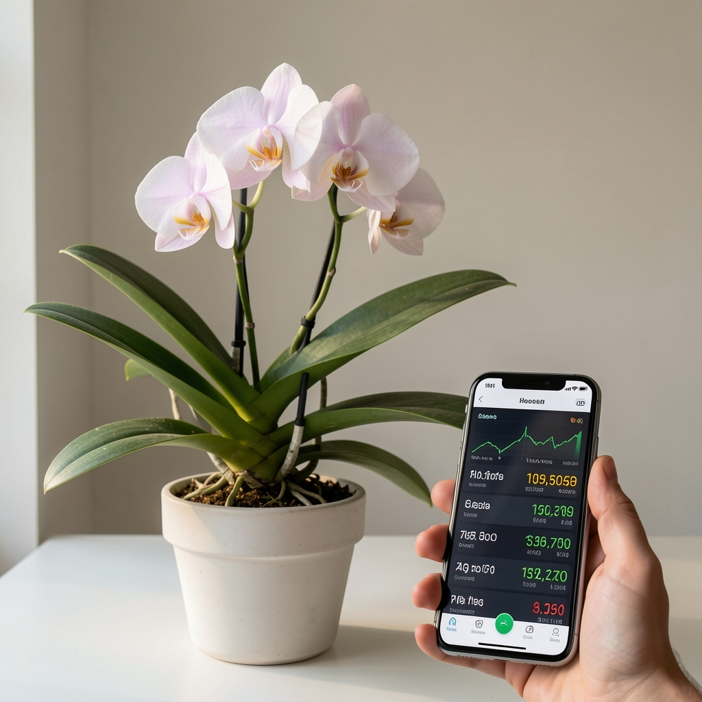 Xiaomi Mi Flora Plant Sensor bijeli pametni senzor u saksiji sa orhidejom koji prikazuje podatke na mobilnom telefonu