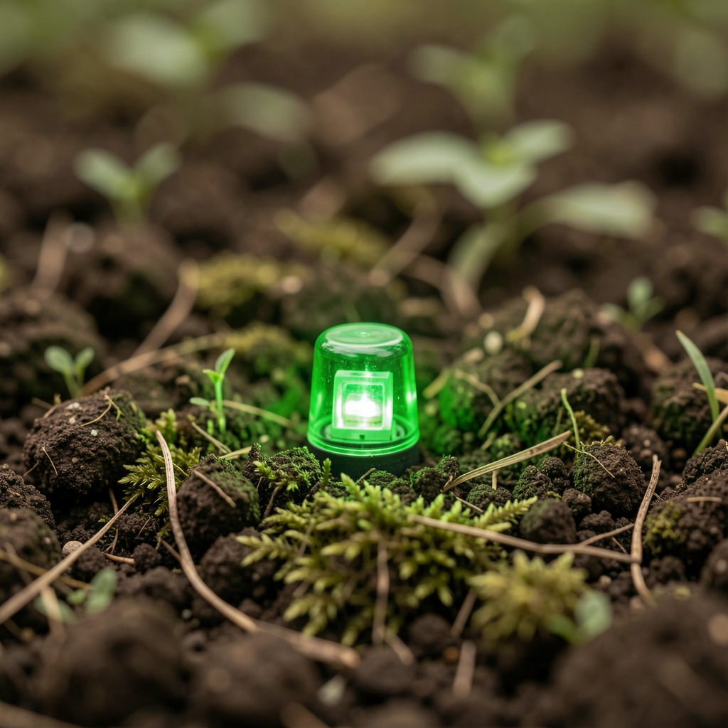 Xiaomi Mi Flora Plant Sensor zeleni senzor sa belom sondom zabijen u žuto-zelenu saksijsku biljku na svetloj podlozi